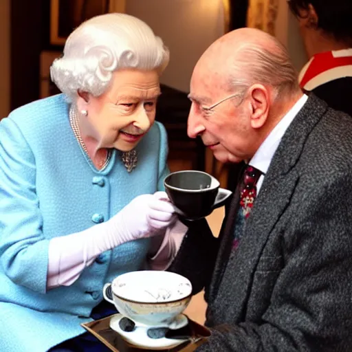 Prompt: queen elizabeth drinking tea with piero angela