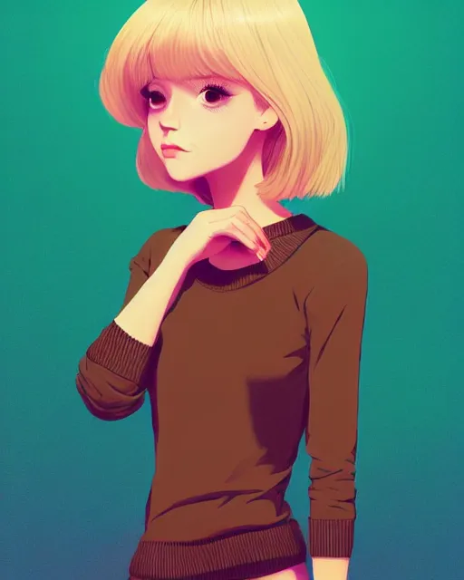 Image similar to digital illustration of pretty girl sa rina with shoulder length blonde hair wearing a sweater, from alice in wonderland, smoking, at night, by ilya kuvshinov, lois van baarle, rossdraws, basquiat