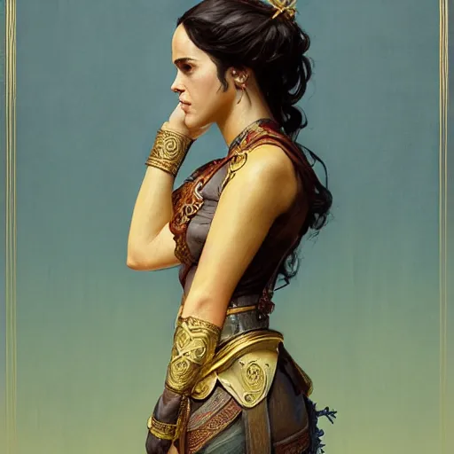 Prompt: Melissa Fumero as a noble in the Mycenaean period, intricate, highly detailed, digital painting, artstation, concept art, sharp focus, illustration, art by greg rutkowski and alphonse mucha