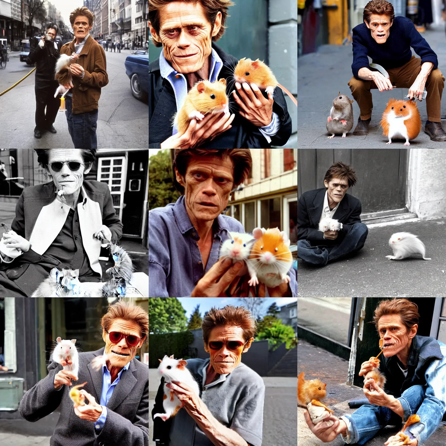 Prompt: Willem Dafoe with a cigarette and holding two hamsters on the street next to a van