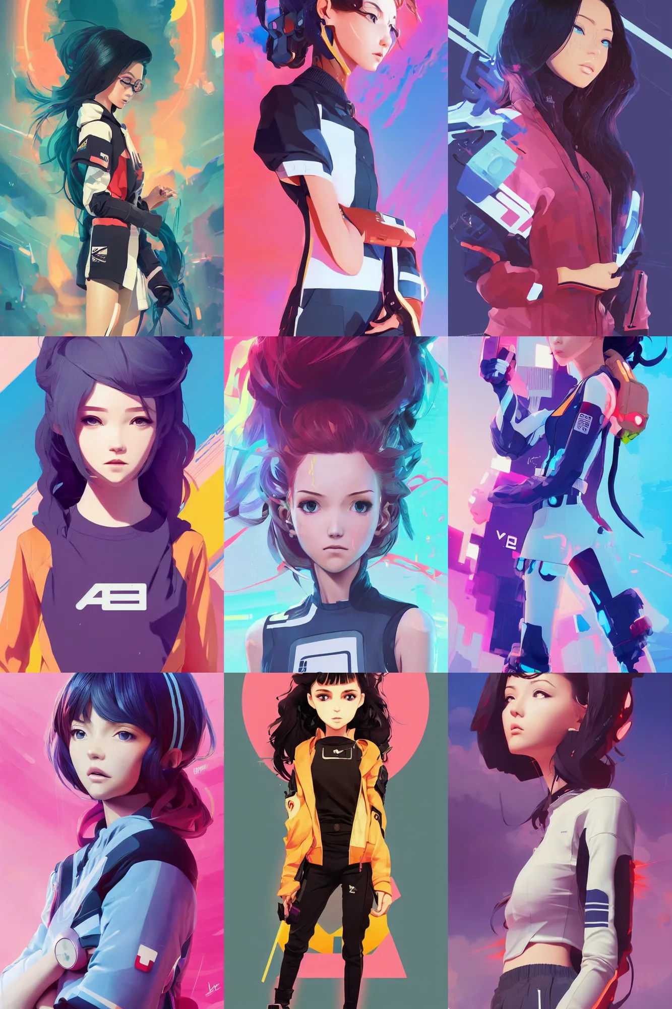 Prompt: uncropped full body character portrait poster girl with futuristic streetwear and wavy hair holding her arms crossed, complementary colour palette, cute face, pretty face, anime by kuvshinov ilya, artgerm and greg rutkowski, 4 k, hdr, graphic design, adobe illustrator, behance, trending on artstation