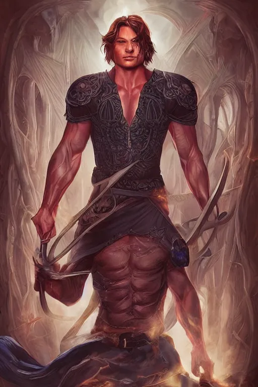 Image similar to muscular sam winchester as a mage tattooed in the cover of an acotar book, sarah j. maas, d & d!, fantasy style, sharp focus!, ultra detailed, art by artgerm, wlop, ilya kuvshinov