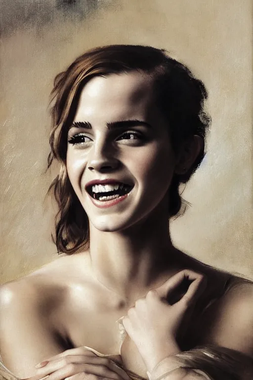 Prompt: emma watson smiling laughing alexander mcqueen gathered faille v - neck mini dress smiling detailed portrait painting by gaston bussiere craig mullins j. c. leyendecker photograph by richard avedon peter lindbergh