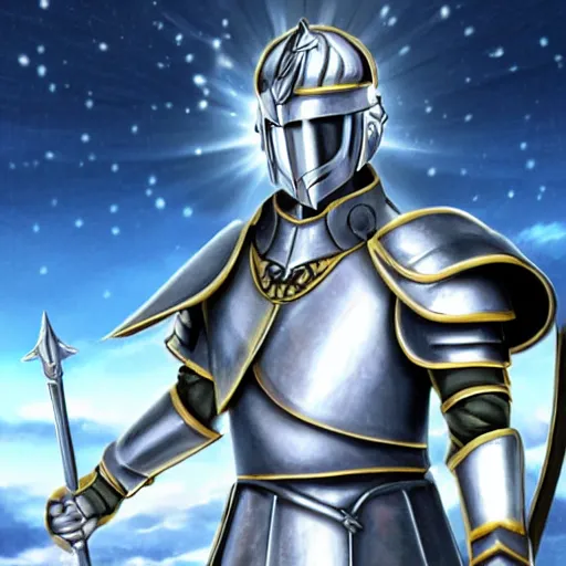 Prompt: paladin wearing silver amour with mirror finish, wielding a longsword that gleams like the sun. he is wearing a teutonic helmet, inside his eyes glow like the sun. background of snowy mountains. anime.