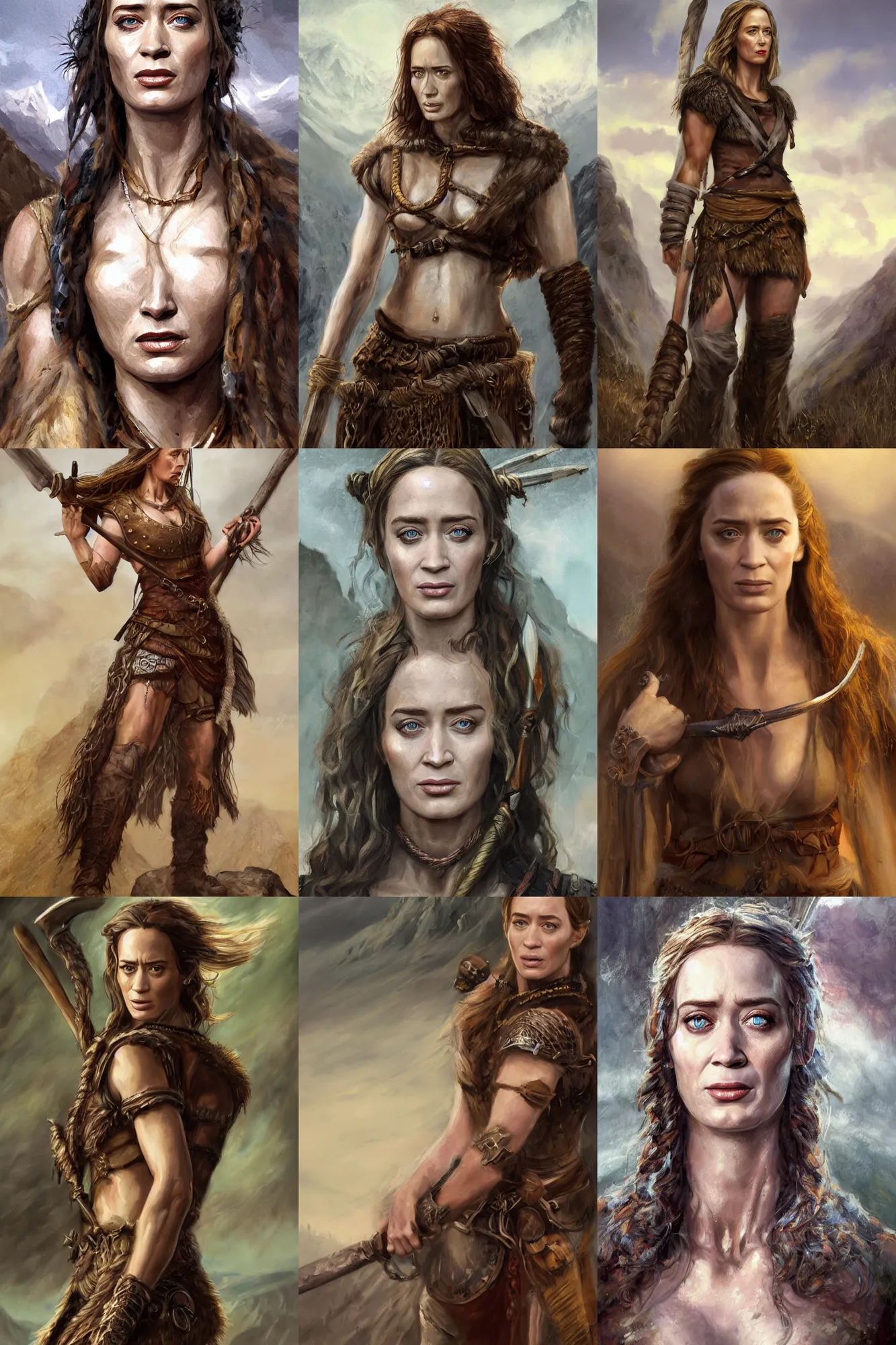 Image similar to a full body high detail fantasy portrait oil painting illustration of emily blunt as a beautiful young rugged stoic barbarian woman by justin sweet with face and body clearly visible, in a scenic background, pupils visible, realistic proportions, d & d, rpg, forgotten realms, artstation trending, high quality, sombre mood, artstation trending, muted colours, entire person visible!