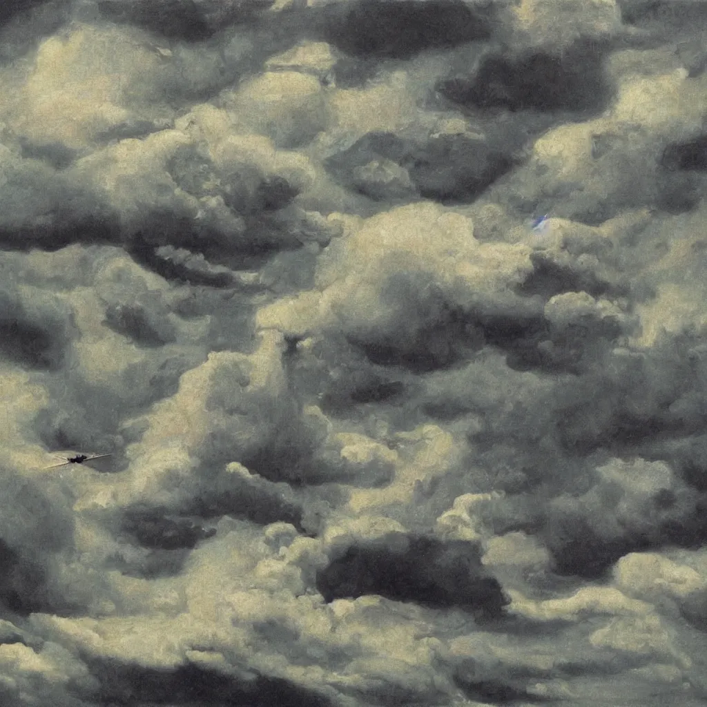 Image similar to zepplins flying in the sky just as a storm is coming in, dramatic lighting, 1905, highly detailed oil on canvas, by Arkhip Kuinji