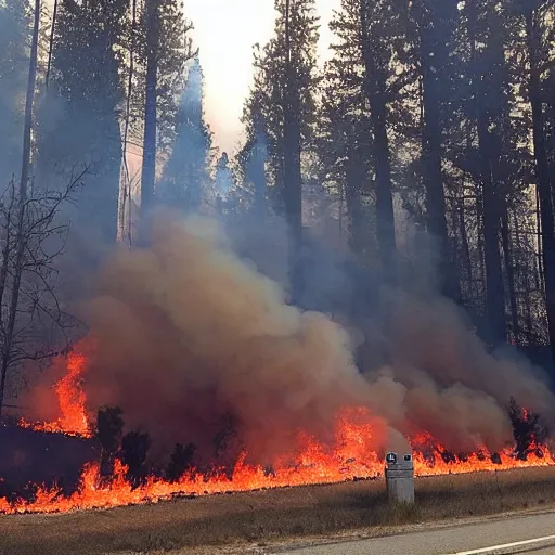 Prompt: a beautiful photo of a Gas station engulfed in a forest fire