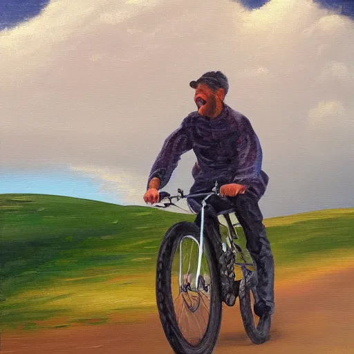 Image similar to A painting of a joyful man riding a bicycle in the clouds, action shot, subject is smiling, expressive oil painting