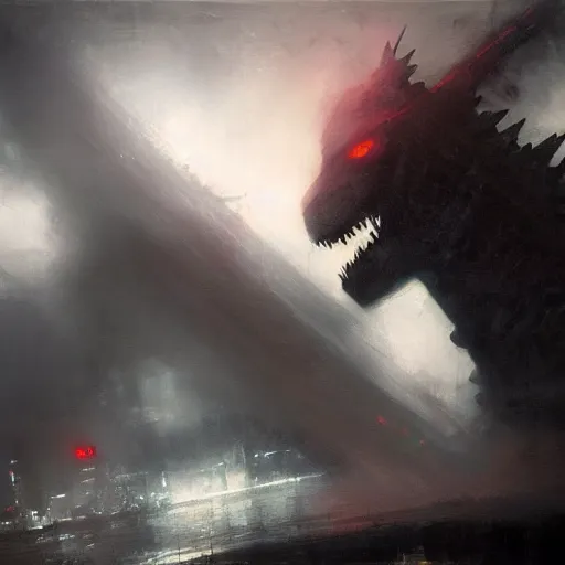 Image similar to godzilla by jeremy mann, dark cyberpunk style