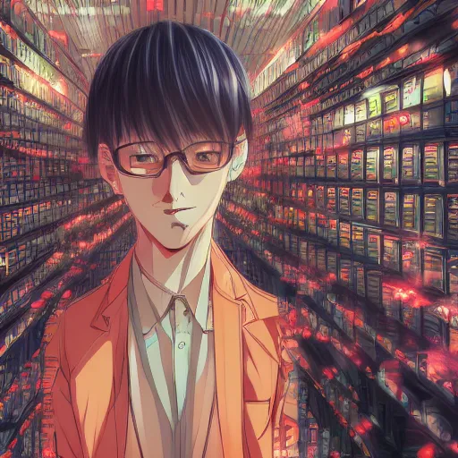 Image similar to Just living in the database as the madness of the system grows by Gigadō Ashiyuki, anime rendered in hyperdetailed Ultra HD, trending on ArtStation, luminous,