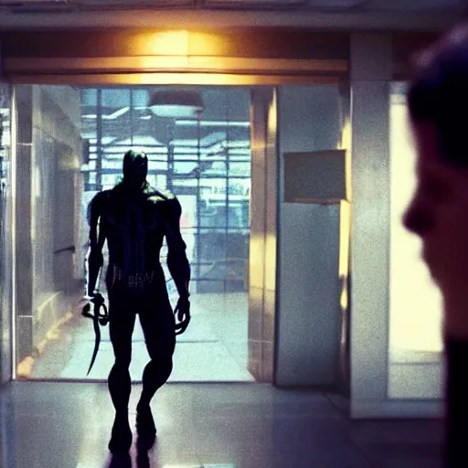 Prompt: a 4 k cinematic still portrait of venom breaking into the office from a gritty cyberpunk 2 0 0 0 s james cameron movie about spider - man. realism, cinematic lighting, 4 k. 8 mm. grainy. panavision.