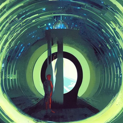 Image similar to portal in a middle of a lush futuristic forest, alien world seen through a portal, person in a cloak standing in front of a portal, syd mead, john harris