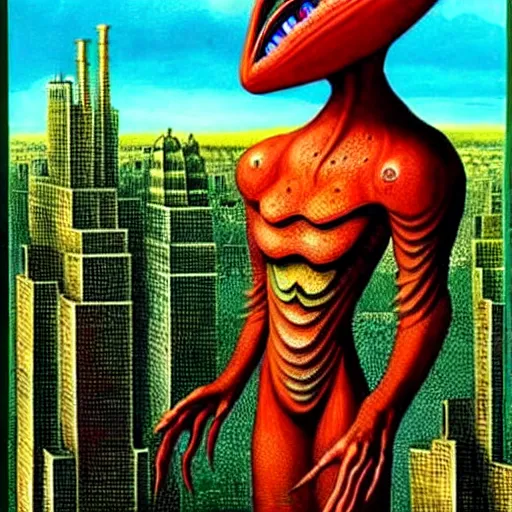 Image similar to A beautiful illustration of a strange, red alien creature looming over a green cityscape. The alien has several eyes and one mouth and its body is covered in scales. It seems to be coming towards the viewer, who is looking up at it in fear. By Max Ernst and Maciej Rebisz