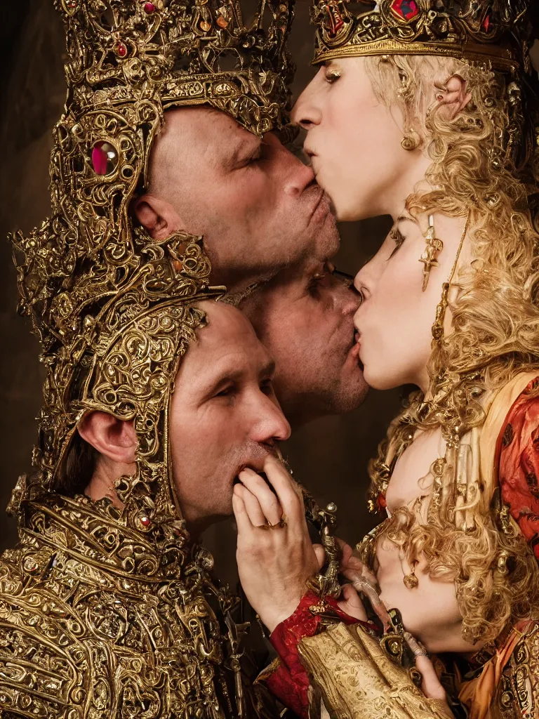 Image similar to a high-resolution color-chrome extreme closeup portrait photo of a medieval priest, kissing a incredible elegant pale renaissance rococo Queen, with ornate jewelled, rococo Queen, sci-fi, high-tech, beautiful low light, style Steve McCurry Octane render 8k