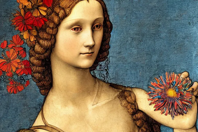 Image similar to multicolor drawing of a pretty girl with a robotic arm holding a flower by leonardo da vinci in 4 k ultra high resolution, with depressive feeling