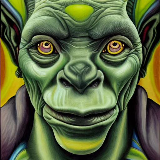 Prompt: a painting of a goblin orc in the style of alex grey, portrait, foggy, hazy, dull colors, detailed,