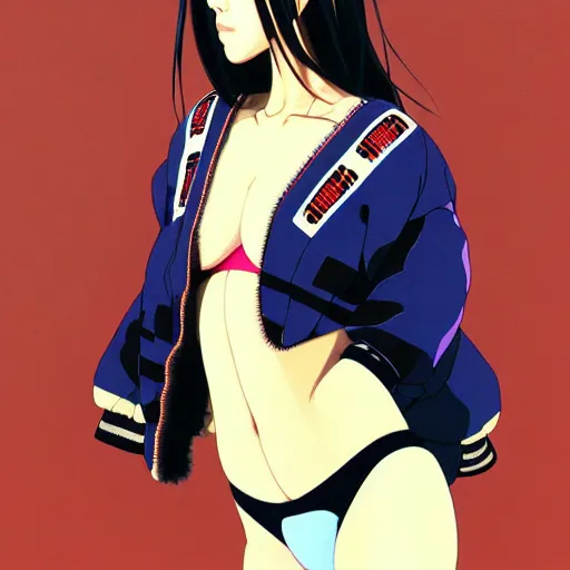 Image similar to a beautiful japanese natalie portman gravure model, wearing oversized native designer bomber jacket and leotard, bulky poofy bomber jacket with mesoamerican patterns, mesoamerican native street fashion, gapmoe yandere grimdark, trending on pixiv fanbox, painted by greg rutkowski makoto shinkai takashi takeuchi studio ghibli, akihiko yoshida