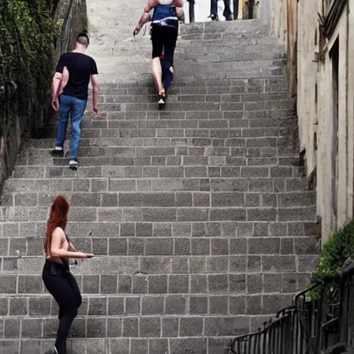 Image similar to Michael mcintyre & Jodie Marsh climbing steps in Porto, greg rutkowski