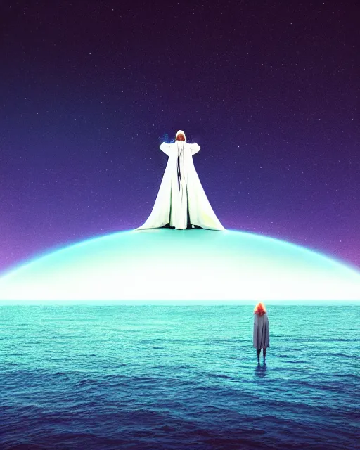 Image similar to a person wearing a white cloak standing in the water. a large planet is overhead. an album cover by stanley twardowicz, trending on cg society, retrofuturism, retrowave, chillwave, synthwave