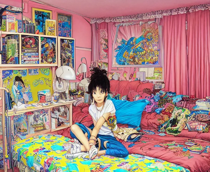 Prompt: highly detailed colorful illustration of a teenager in her room in the 9 0's, very detailed, clean shaped illustration by kim jung gi, ron english and eiichiro oda