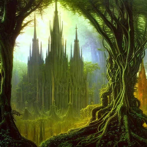 Image similar to a beautiful and highly detailed matte painting of an elven cathedral in a mystical celtic forest, alien trees and plants and flowers, twisted spires, wide angle, by caspar friedrich, albert bierstadt, james gurney, brian froud,