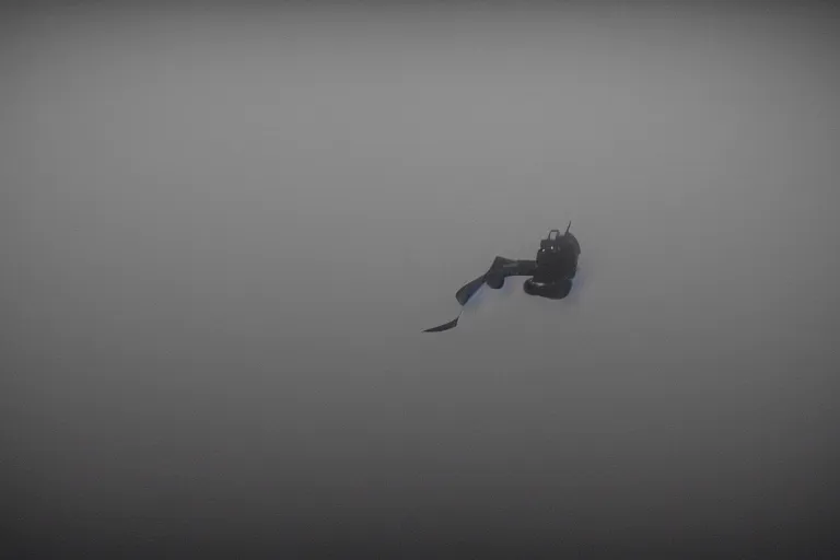 Image similar to a ominous diver swimming underwater, photo-realistic, dark, smog, creepy, vast, shot by a camera,