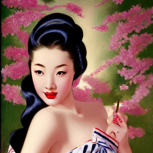 Prompt: pin - up portrait of a beautiful young asian woman, pretty long hair, intense flirting, showing curves, symmetrical face, digital art, smooth, extremely detailed, model pose, intense look, dream, cherry blossoms, gorgeous young model, traditional beauty, perfect proportions, pretty, by wu bayard, by gil elvgren, by ralph horsley,