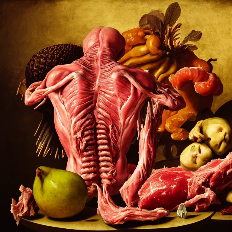 Prompt: still life of beautiful angel, human body parts, tropical fruit, human spine, rotten meat flesh with colorful mold, muscle tissue, spikes, baroque painting, beautiful detailed intricate insanely detailed octane render, 8K artistic photography, photorealistic, chiaroscuro, Raphael, Caravaggio