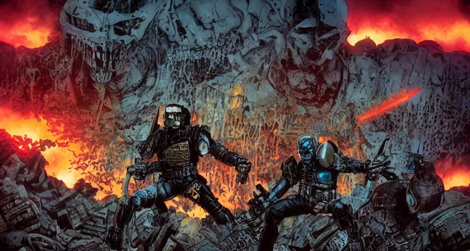 Image similar to Judge Death Versus Judge Dredd In Hell, bats, sunset, volumetric lighting, hyperrealistic, beautiful details, HDR, octane render, action shot, wide angle, bokeh, Yasushi Niarasawa Moebius Jim Steranko Style