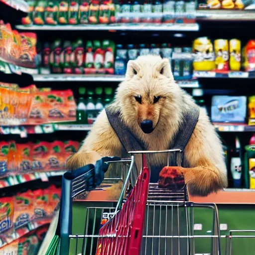 Prompt: anthro Canis lupus arctos arctic wolf werewolf man buying groceries at supermarket professional photo