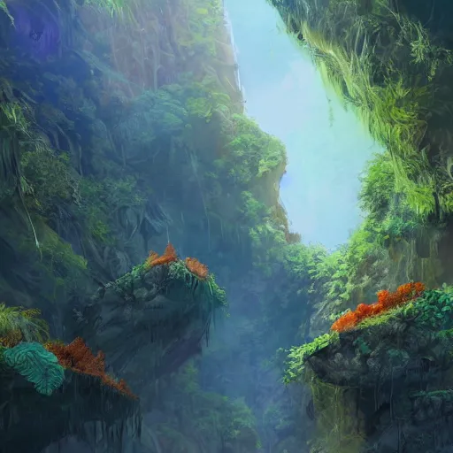 Image similar to Canyon in the jungle with corals and dinosaur dkeletons, 8k, detailed, concept art, trending on artstation