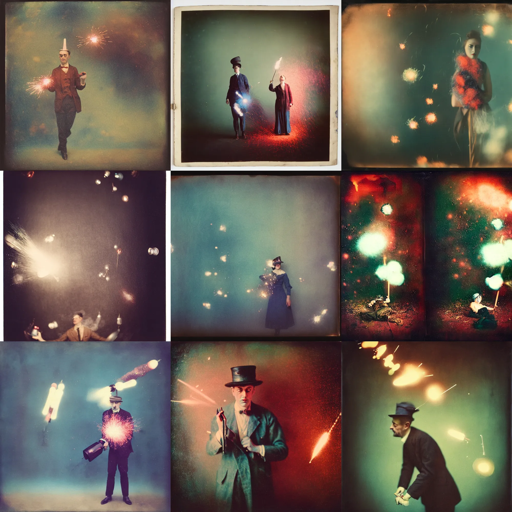 Image similar to kodak portra 4 0 0, wetplate, muted colours, blueberry, 1 9 1 0 s style, motion blur, portrait photo of a backdrop, explosions, rockets, sparkling, by georges melies and by britt marling