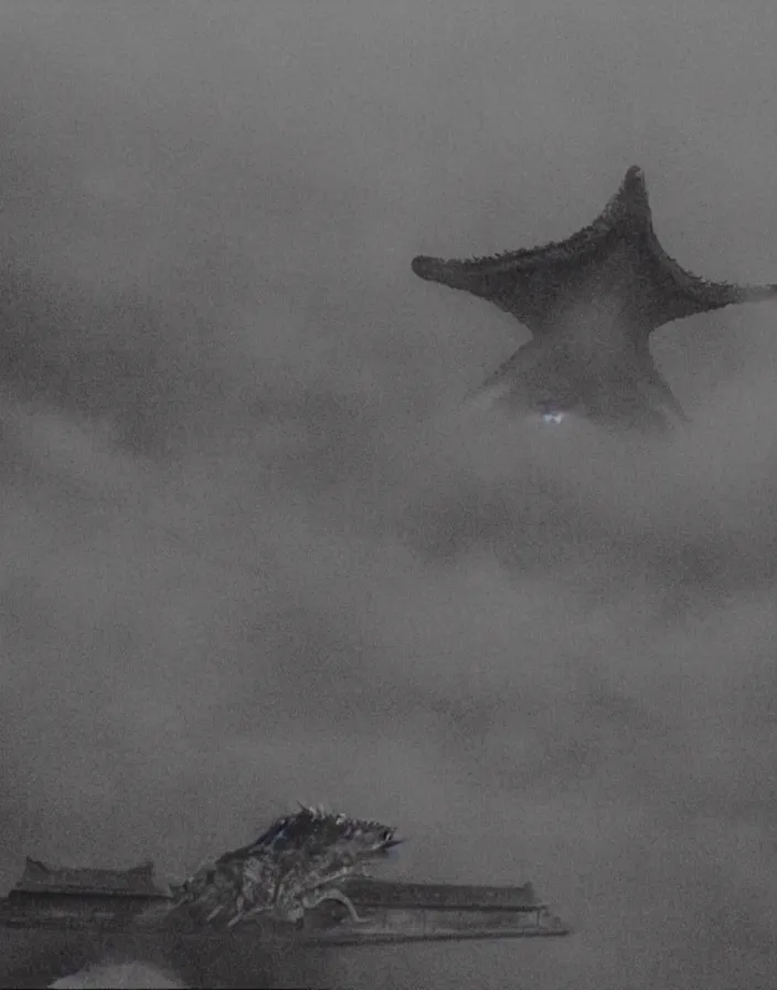 Image similar to a filmstill of a north korean monster movie, kaiju - eiga monster starfish - like trampling a traditional korean palace, foggy, film noir, video compression