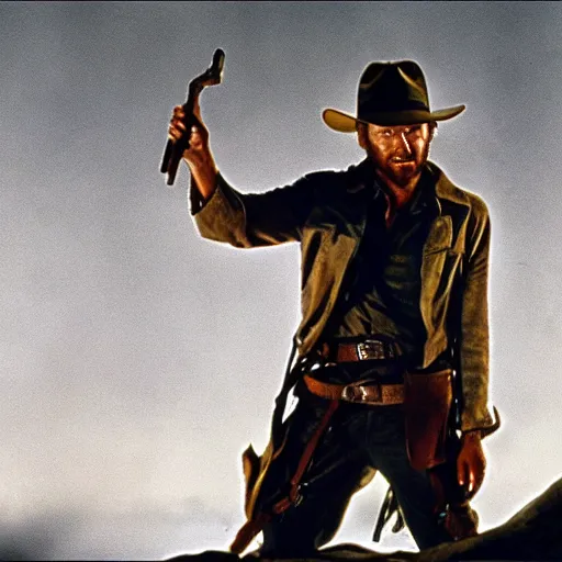 Prompt: clint eastwood as indiana jones in raiders of the lost ark, 8k resolution, full HD, cinematic lighting, award winning, anatomically correct