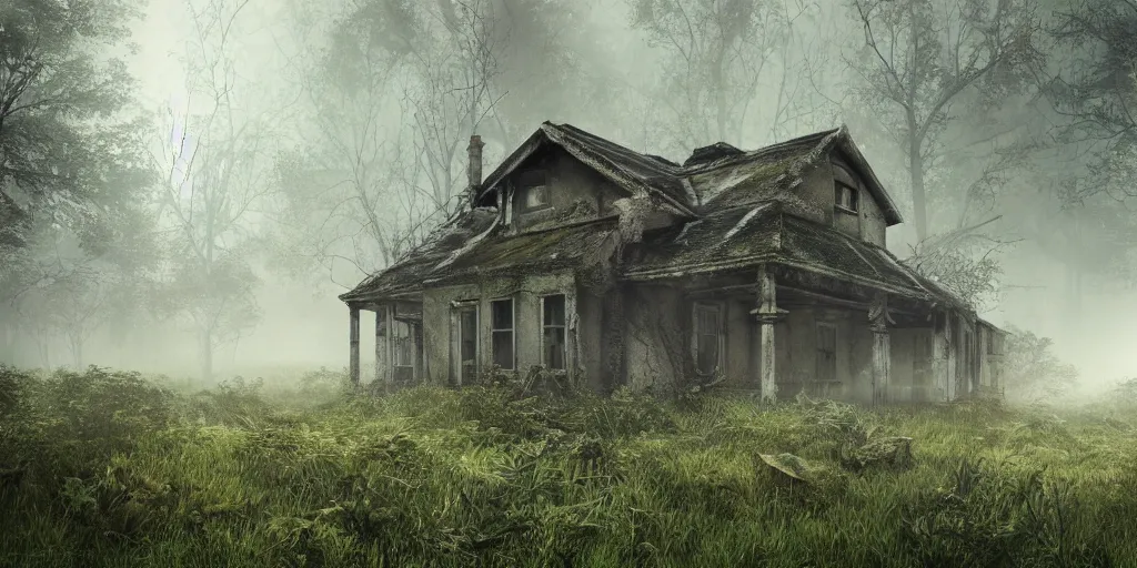 Image similar to photorealistic, ruined english bungalow at night, overgrown vegetation, in the forest, apocalypse, very dark, fog, skinny evil creatures, hell scape, horrifying, hyperrealistic, grimdark, artstation