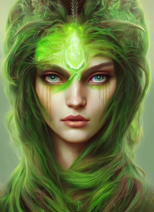 Image similar to beautiful wood goddess with long hair, bright green eyes, fantasy, elegant, concept art, sharp focus, beautiful face!!, digital art, Hyper-realistic, 4K, Unreal Engine, Highly Detailed, HD, Dramatic Lighting by Brom, trending on Artstation