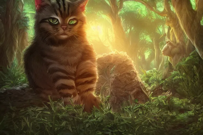 Image similar to a cat in a forest, highly detailed, digital art, trending on artstation, backlighting, by kawacy, by wayne mclouglin, by don bluth