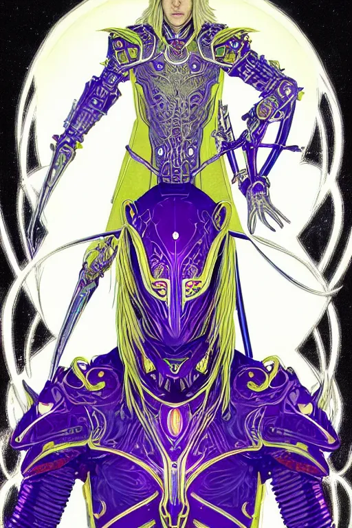 Prompt: a stunning and hypnotic full-color futuristic art nouveau styled action portrait of elric as a godlike and stoic chaos king, with weary and concerned red eyes, extremely detailed aquiline facial structure, art nouveau cybernetic armor and an intricately detailed magical rune-engraved hyperdetailed black sword that glows with ultraviolet eldritch power, perfectly symmetrical albino facial structure and linework, handsome alien facial characteristics, by travis charesyt, michael kaluta, michael whelan and bill sienkiewicz, dark sci-fantasy, deep complexity, male warrior king, sci-fi character concept, photorealism, spectacular framing, minimalist lighting, hyperrealism, 8k