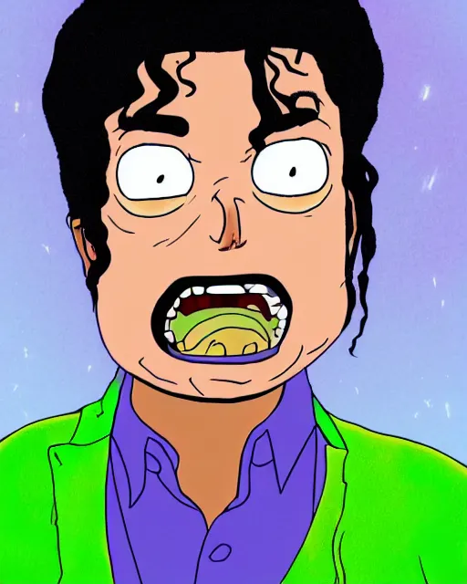 Image similar to portrait of michael jackson in the style of justin roiland. cinematic lighting. style of rick & morty. photographic, photography. by justin roiland