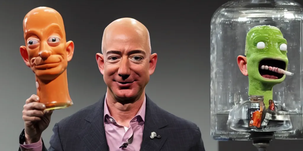 Image similar to jeff bezos's head in one of those jar things from futurama