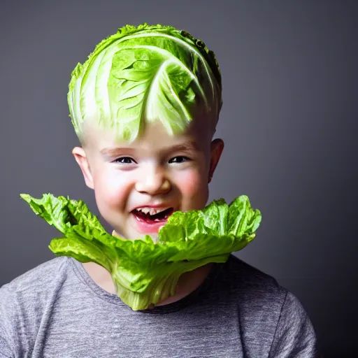 Image similar to A lettuce in the shape of a baby on top of the head of a young man with a short beard, portrait photography