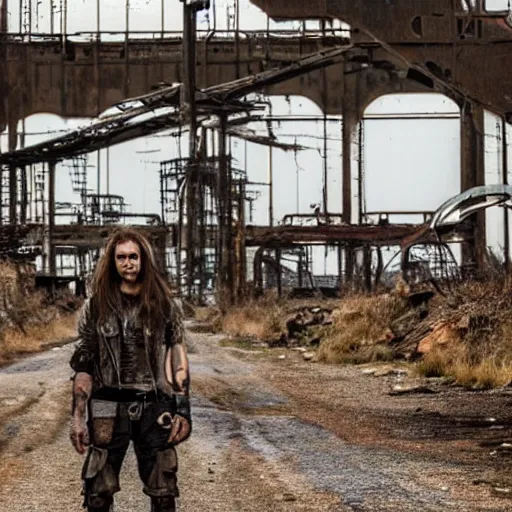 Image similar to post - apocalyptic wasteland wanderer, abandoned steelworks, steelpunk,