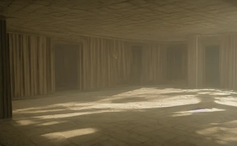 Prompt: cinematic screenshot of the surreal interior for house built on nothing and something for the nothing underneath, moody scene from being john malcovich directed by charlie kaufman ( 2 0 0 1 ), moody volumetric light morning, anamorphic lenses, kodak color film stock