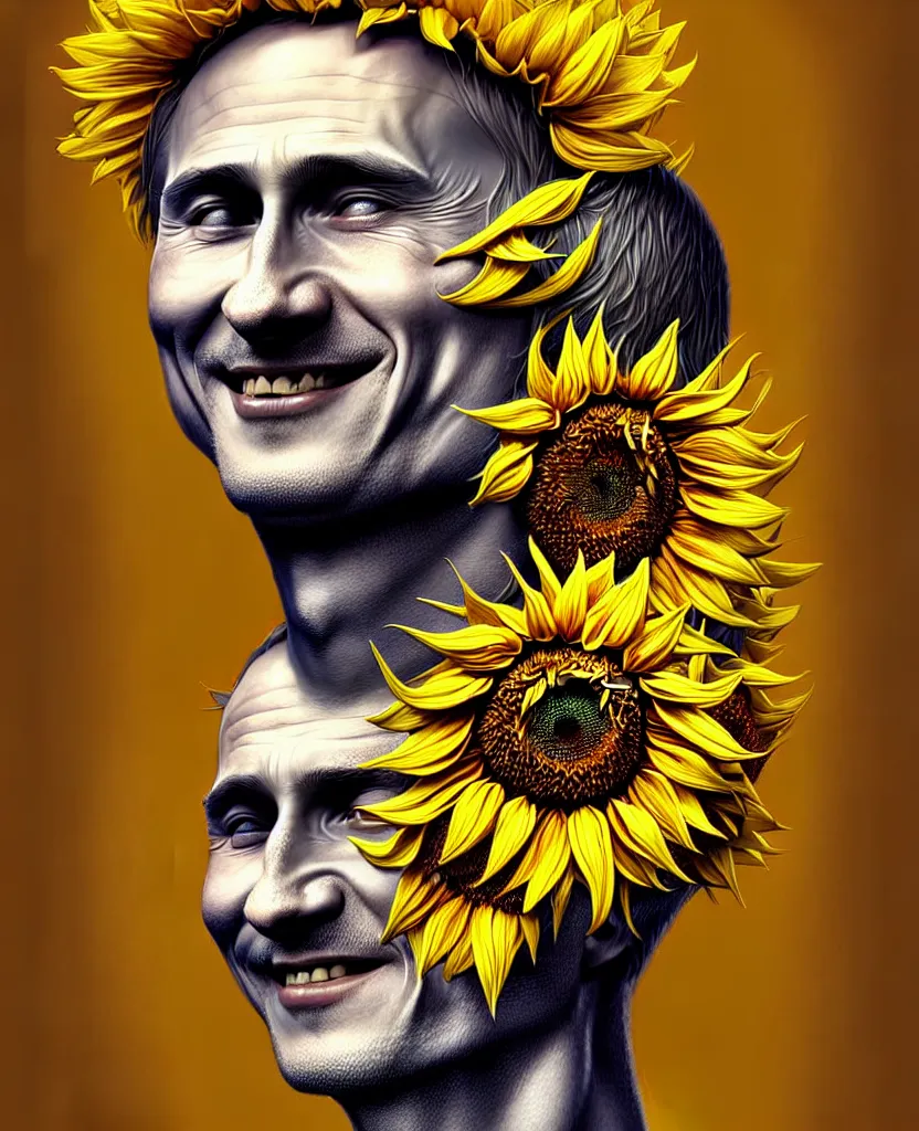 Image similar to digital art, centered full body of young any old Putin smiling king, Sunflower crown, ,intricate, veins, by James Jean and by artgerm , by ross tran ultradetailed, charachter design, concept art, trending on artstation,