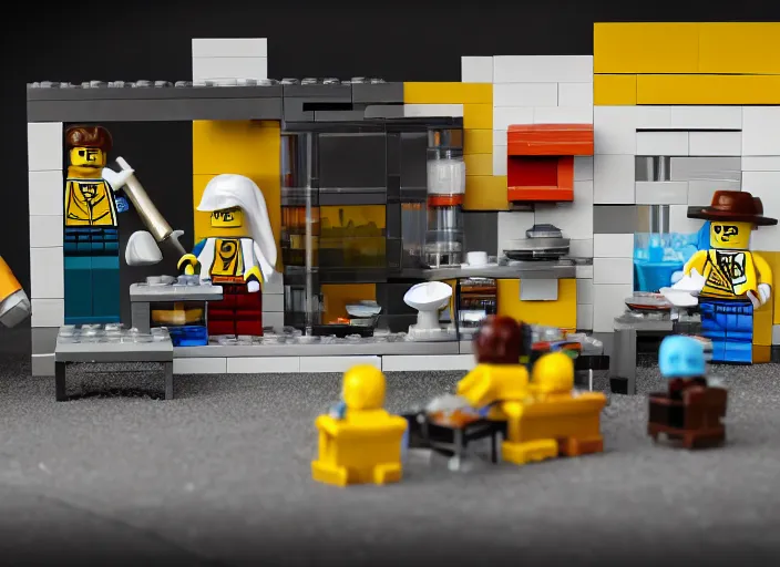 Image similar to product photo still of walter white breaking bad meth lab lego playset, 8 k, 1 2 0 mm macro, f 1. 8, studio lighting, key light