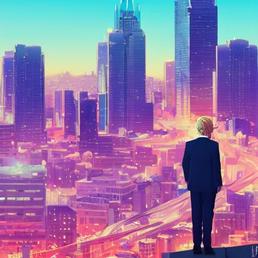 Image similar to ⁠portrait of Donald Trump, Karachi skyline background, rich vivid colors, ambient lighting, dynamic lighting, 4k, HQ, official media, anime key visual, makoto shinkai, ilya kuvshinov, lois van baarle, rossdraws, detailed, trending on artstation