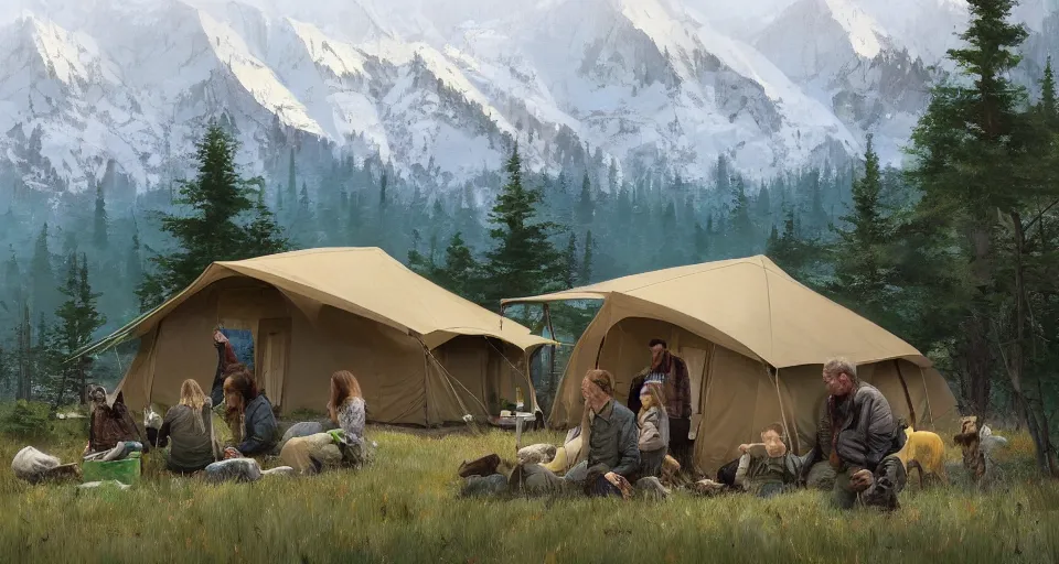 Image similar to cabela's beautiful comfortable modular insulated wall kit - house all weather family dwelling tent house, person in foreground, mountainous forested wilderness open fields, beautiful views, painterly concept art, joanna gaines, environmental concept art, farmhouse, magnolia, concept art illustration, by james gurney, by craig mullins, by greg rutkowski trending on artstation