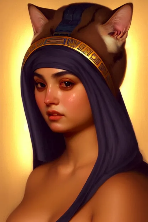 Image similar to softly lit portrait of the beautiful chonky egyptian goddess, bastet, bast, woman / cat hybrid, soft torchlight in an egyptian tomb, digital art by ruan jia and mandy jurgens and artgerm and william - adolphe bouguereau, highly detailed, trending on artstation, award winning,