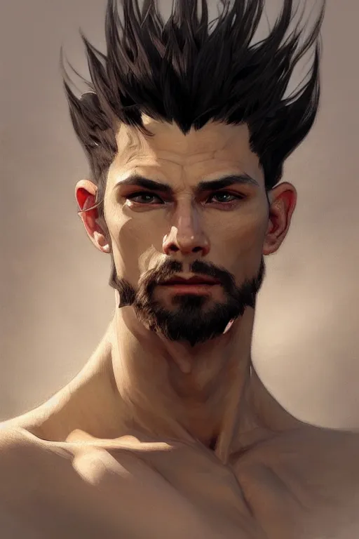 Prompt: painted portrait of gon freecs, hunter hunter, hunterpedia, madonna, black hair, masculine, mature, handsome, upper body, muscular, fantasy, intricate, elegant, highly detailed, digital painting, artstation, concept art, smooth, sharp focus, illustration, art by gaston bussiere and alphonse mucha