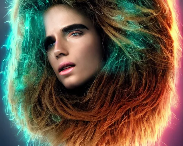 Image similar to glowing hair, complex cybernetic beings, beautiful hairy humanoids, cybermagnetosphere, cybernetic civilizations, ornate hair, love, joy, vortexes, large arrays, data holograms, 8 k, cinematic light shadows, wet hdr refractions, *, * * *, * * * * *